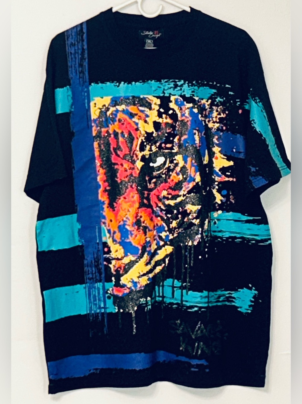 Studio 23 Savage King Men 3XL Black Tiger Graphic Glitter Tee Y2K NWOT